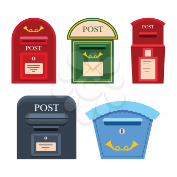 Post mailbox vector colourful collection on white. Red, green, grey and blue postboxes with inscriptions, signs and holes for letters. Set of five safe cases for writings keeping in flat style