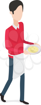 Restaurant. Full length picture of isolated waiter walking with plate in hands. Cymbals with some kind of food. Hasher wearing red blouse, dark trousers and white apron. Flat design. Vector.