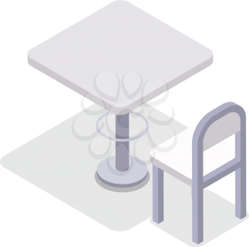 Chair and table isometric design. Dinner table chair isolated, isometric furniture, room interior, home furniture indoor and office desk vector illustration. White chair and kitchen table