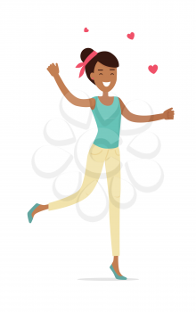 Woman standing on one leg with hearts isolated. Smiling lady with open arms shopping. Flat design. Brunet girl character in t-shirt and trousers. Pleasure of purchase. For sales and discounts. Vector