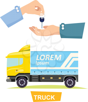 Truck isolated yellow-blue lorry and hand passing key vector illustration in flat style. Process of buying or renting truck. Giving key and vehicle on white. Sales and agreements in cartoon design