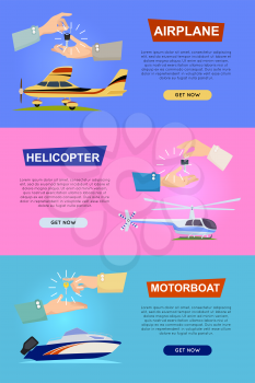 Airplane helicopter motorboat banners with hands passing key on colourful background. Process of buying, selling modern transportation items. E-commerce shopping in cartoon design vector in flat style