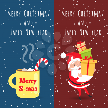 Merry Christmas and Happy New Year. Yellow cup with hot drink inside. Striped bent straw. Santa Claus holding many boxes with presents. Collection of two icons. Cartoon design. Flat style. Vector
