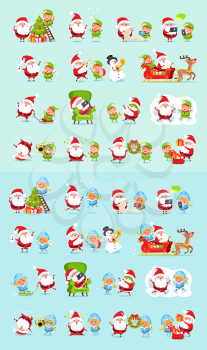 Santa and his helpers big set. Santa Claus, reindeer, snow maiden, ice princess, elf. Father Christmas daily activities stickers. Winter fun with Santa and his friends. Cartoon characters. Vector
