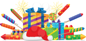 Fireworks, rockets, gift boxes and Santas hat set isolated on white. Vector illustration of colourful firework devices with pyrotechnic elements. New Year attributes and Christmas decorations.
