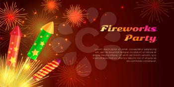 Fireworks party web banner vector illustration. Organization of fireworks festivals with different kinds of amazing fireworks pyrotechnic devices as flower pot, firecracker in celebration concept.