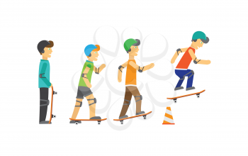 Skateboarders boys in protective equipment and helmets jumping over orange traffic cone. Skateboard wearing protective gear. Summer vacation, healthy lifestyle, leisure activities illustration