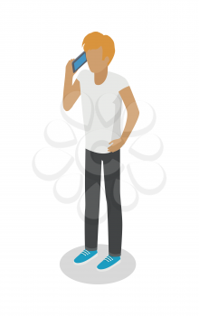 Young man stands and talks over cellphone on white. Isolated male person with one hand in pocket without face dressed in casual clothes, white t-shirt, black trousers and blue sneakers. Vector