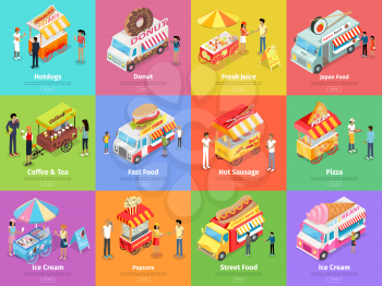 Set of street food stores on wheels with sellers and buyers characters. Cart and van shops with fast food, sweets, drinks, national cuisines isometric vector web banners on colored backgrounds