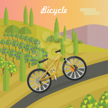 Racing bicycle on asphalt track in summer season. Sport yellow bike riding up road. Fast mean of transportation. Two-wheeled vehicle with green trees and sunset on background. Vector illustration