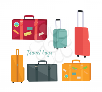 Set of travel suitcases and bags vectors. Flat design. Collection of various handle baggage. Colored suitcases with telescopic handle, wheels and stickers. For touristic concepts, travel companies ad