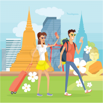 People on vacation in Thailand with mobile devices. Couple with luggage going on rest. Couple in love taking pictures on smartphones. Happy tourists on the journey. Vector illustration in flat style.