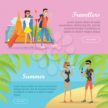 Travellers and summer poster banner. People on vacation in Thailand with mobile devices. Couple with luggage going on rest. Couple drinking tasty cocktail beverages. Vector illustration