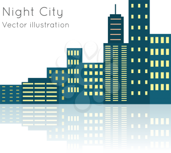 Night city vector illustration on white background. Dark block of flats with switched lights. Buildings situated close nearby each other. Structures has light reflection in flat style cartoon design