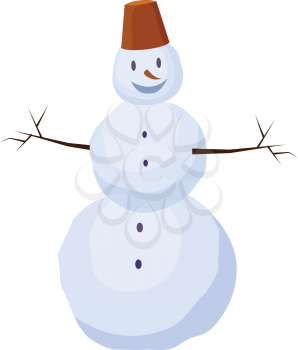Isolated snowman carrot instead nose with bucket on head and buttons in cartoon style. Two branches instead hands. Winter 2017 illustration of three balls of snow. Merry Christmas holidays vector