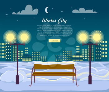Winter city web banner urban town at night. Modern buildings and skyscrapers at snowy landscape. Two street lamps near the bench with snow. Stars, clouds and moon in sky. Greeting card vector