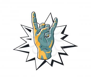 Rock gesture horned fingers. Metal logo rockers hand making sign. Sticker of symbolic movement colorful blue icon isolated on vector illustration