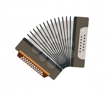 Accordion traditional Russian portable musical instrument icon with metal reeds blown by bellows, played by keys and buttons, vector illustration