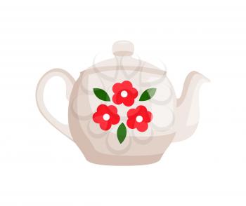 Teapot decorated with flowers and floral elements, green leaves. Traditional Russian pot for making hot beverage tea isolated on vector illustration