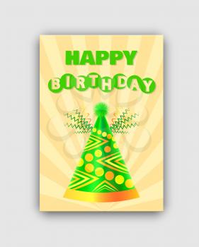 Happy birthday postcard color vector illustration, cute green headwear with bubo and waving ribbons on top, geometric ornament and decorative lines