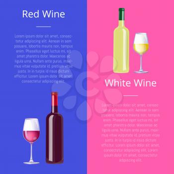 Red and white wine vertical promo posters set. Bottles of delicious exquisite vino. Full glasses with alcohol drinks vector illustrations on banners