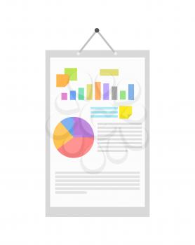 Chart and diagram info poster that hangs on nail. Business progress presentation in form of graphics vertical placard isolated vector illustration.