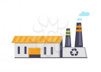 Garbage recycling building facility with recycle signs, tubes and smoke, broad entrance, thin windows, environmental protection vector illustration