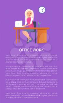 Office work poster with text sample and woman at workplace typing on computer, female sitting at table on chair, entrepreneur worker consultant manager