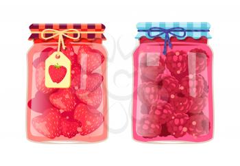 Preserved food in jars, fruits with jam or compote. Sweet strawberries and raspberries, products conservated for winter vector illustrations set.