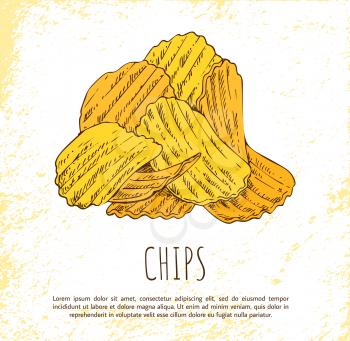Chips pile isolated on white background banner, vector illustration of sliced and roasted in oil potato, round pieces with waving shape, fast food