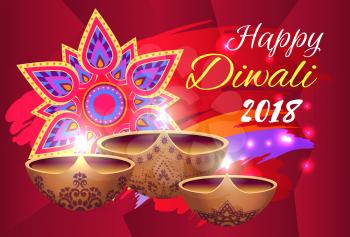 Happy diwali 2018, promotional poster with traditional lamps diyas, symbol of mandala and decorated title, depicted on vector greeting card design
