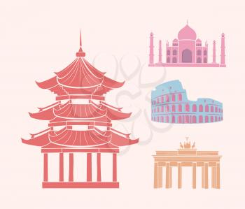 China and Italy, Germany and India set isolated icons vector. Sightseeing places for foreigners. Gates and Colosseum, Taj Mahal building architecture