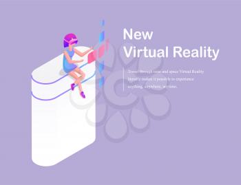 New virtual reality concept cartoon advertising vector banner. Girl sitting on isolated column in special headpiece with glasses, playing video games