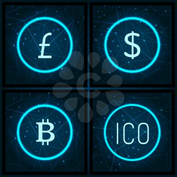 Bitcoin and yen ico and American USA dollar icons set vector. Finance and business of investments and blockchain technology. Digital virtual money