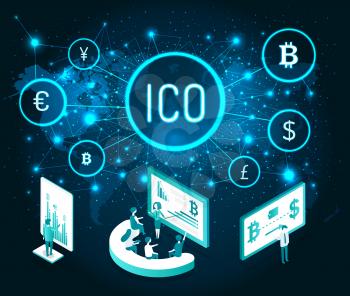 Ico cryptocurrency and digital presentation of people set vector. Seminar and teaching, manager explaining details of mining process. Currency icons