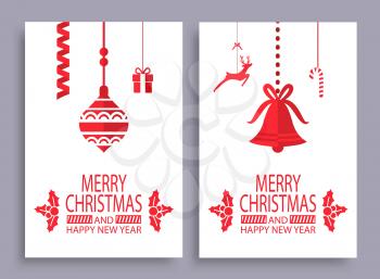 Merry Christmas and happy New Year set of banners with festive decorations on white. Vector illustration with red bell with shiny bow and lollipop