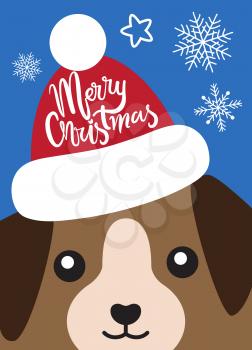Merry Christmas cover with dog in Santa Claus hat vector illustration isolated. Puppy head in cute winter cap, happy canine animal in cartoon design