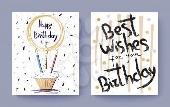 Happy Birthday best wishes congratulation postcard with cake decorated with candles in cream. Vector illustration with confetti and doodles on background