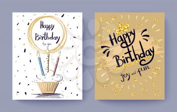Happy Birthday to you joy and fun festive postcard decorated with golden stars and cake with burning candles. Vector illustration with set of two posters