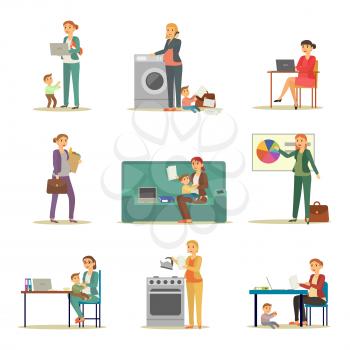 Successful businesswoman and excellent mother. Woman in suit does her job, takes care after baby and carries child vector illustrations set.