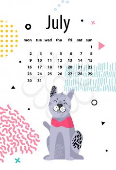 July calendar for 2018 Year with friendly malamute under dates of month cartoon vector illustration. Poster with animal symbol of new zodiac year.