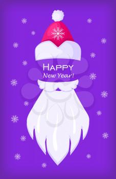 Happy New Year Santa Claus editable moustache, white beard and cap on violet background with snowflakes. Vector illustration with cartoon Christmas elements for winter holidays. Add your face