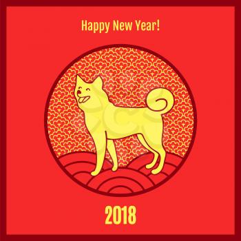 Happy New Year 2018, poster depicting smiling dog walking on circles, icons in round frame, celebration of winter holiday on vector illustration