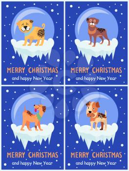 Merry Christmas and happy New Year Chinese symbol set of posters with dogs on snow. Vector illustration with happy cute pets on dark blue background