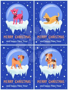 Merry Christmas and Happy New Year festive posters with dogs inside glass bubbles with bottom covered with ice cartoon vector illustrations collection