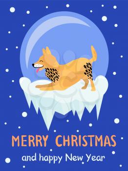 Merry Christmas and Happy New Year akita congrats on dark blue background covered with snow. Vector illustration with playing dog as symbol of Chinese New Year