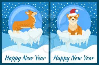 Happy New Year congratulation from corgi on blue background with snowfall. Vector illustration with cute dog Chinese symbol of coming year posters set
