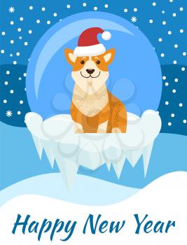 Happy New Year poster with beige dog in santa hat standing on ice clief on background of glass ball and snowflakes on blue sky, vector greeting card