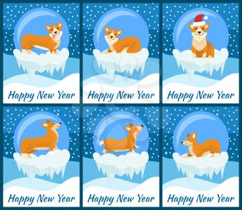 Happy New Year posters with Corgi dog inside glass bubble with bottom covered with ice and snowflakes around cartoon vector illustrations set.