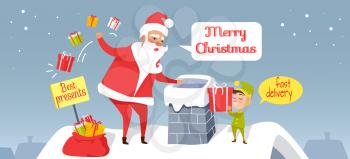 Santa Christmas and fast delivery of best presents. Claus throwing presents in chimney. Cartoon Santa and dwarf standing on roof of house, gnome gives gift box. Holiday vector web banner.